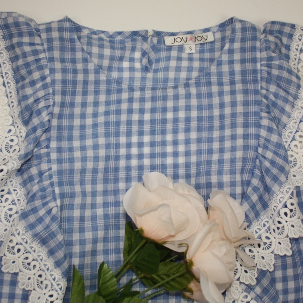 Baby Blue Gingam Ruffle Top Size Small - Picture 8 of 12